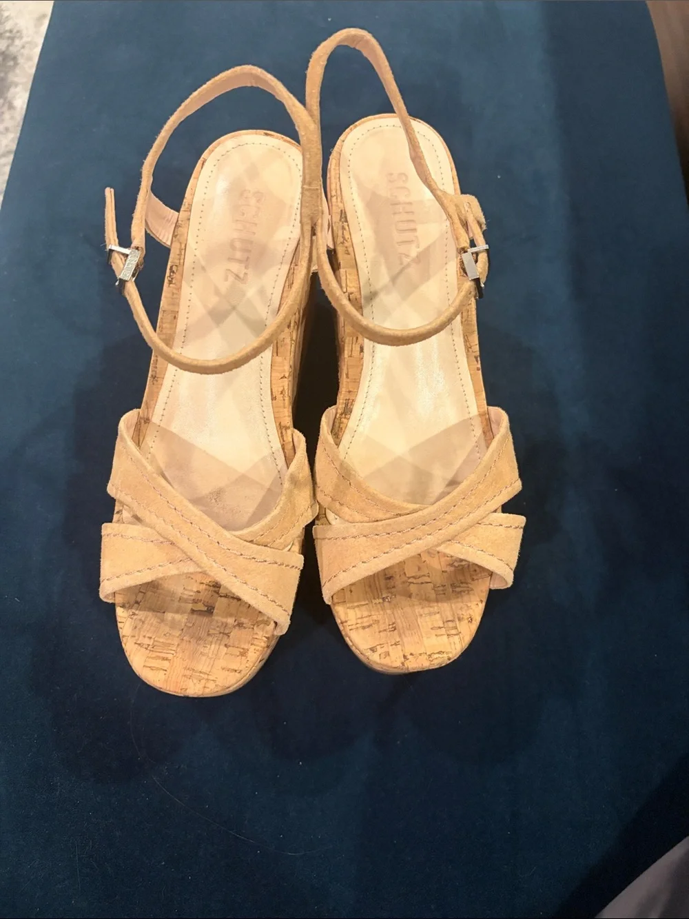 SCHUTZ Tan Cork Wedge Slingback Sandals